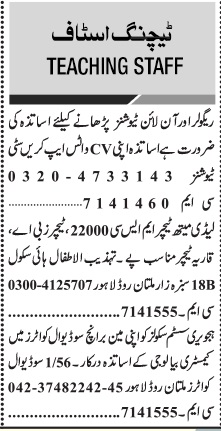 Jang Classified Ads For Teaching Staff