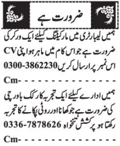 Marketing Worker & Cook Jobs In Quetta